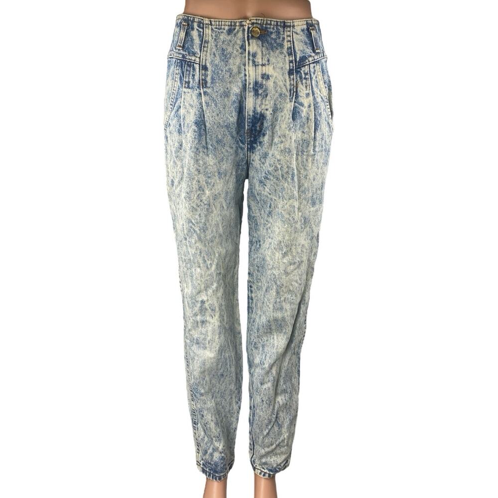 Chic Women's Blue Acid Wash High Waisted Pleated Tapered Denim Jeans Size 27